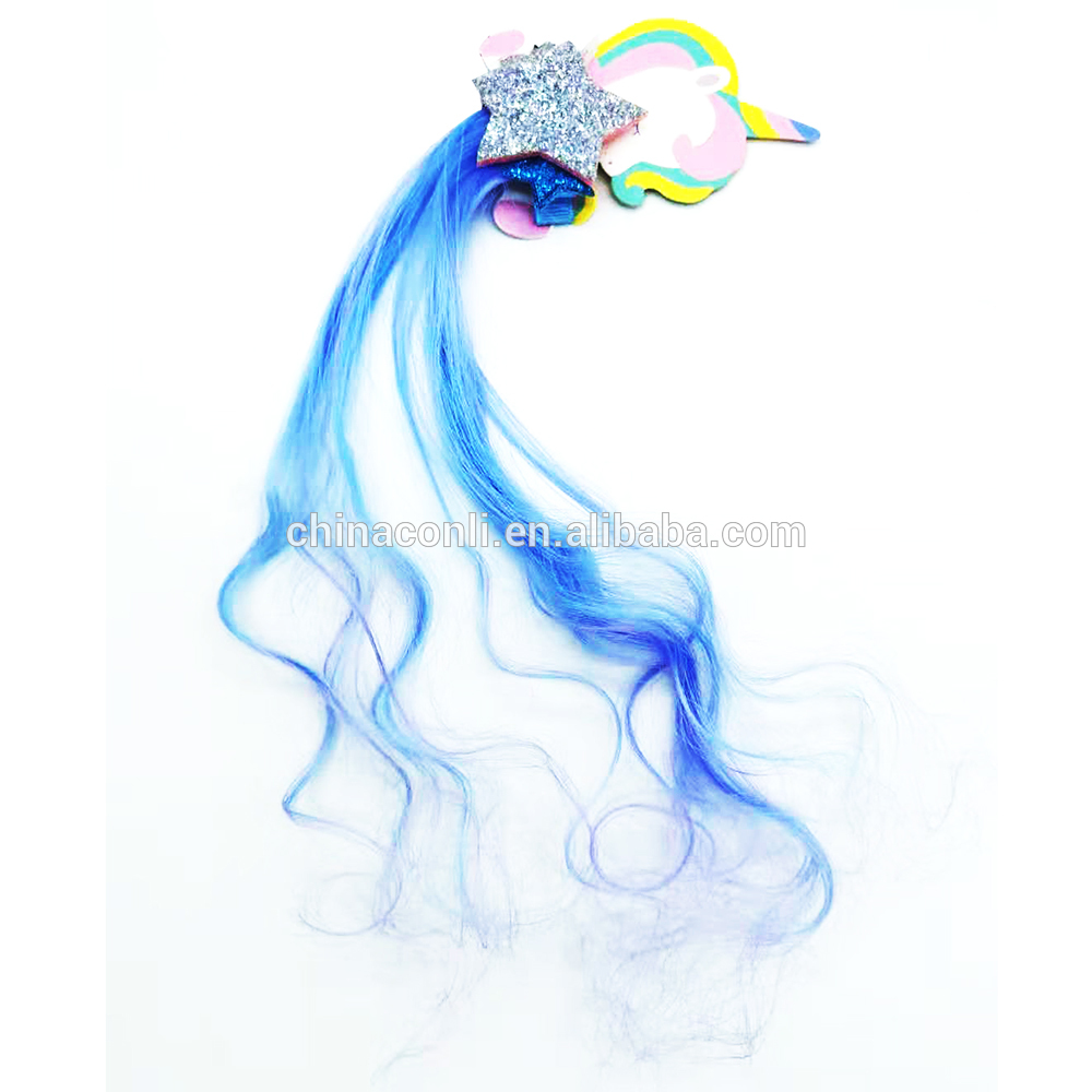 Yiwu factory hot selling blue sequin five-pointed star unicorn faux hair clip for girls kid party hair