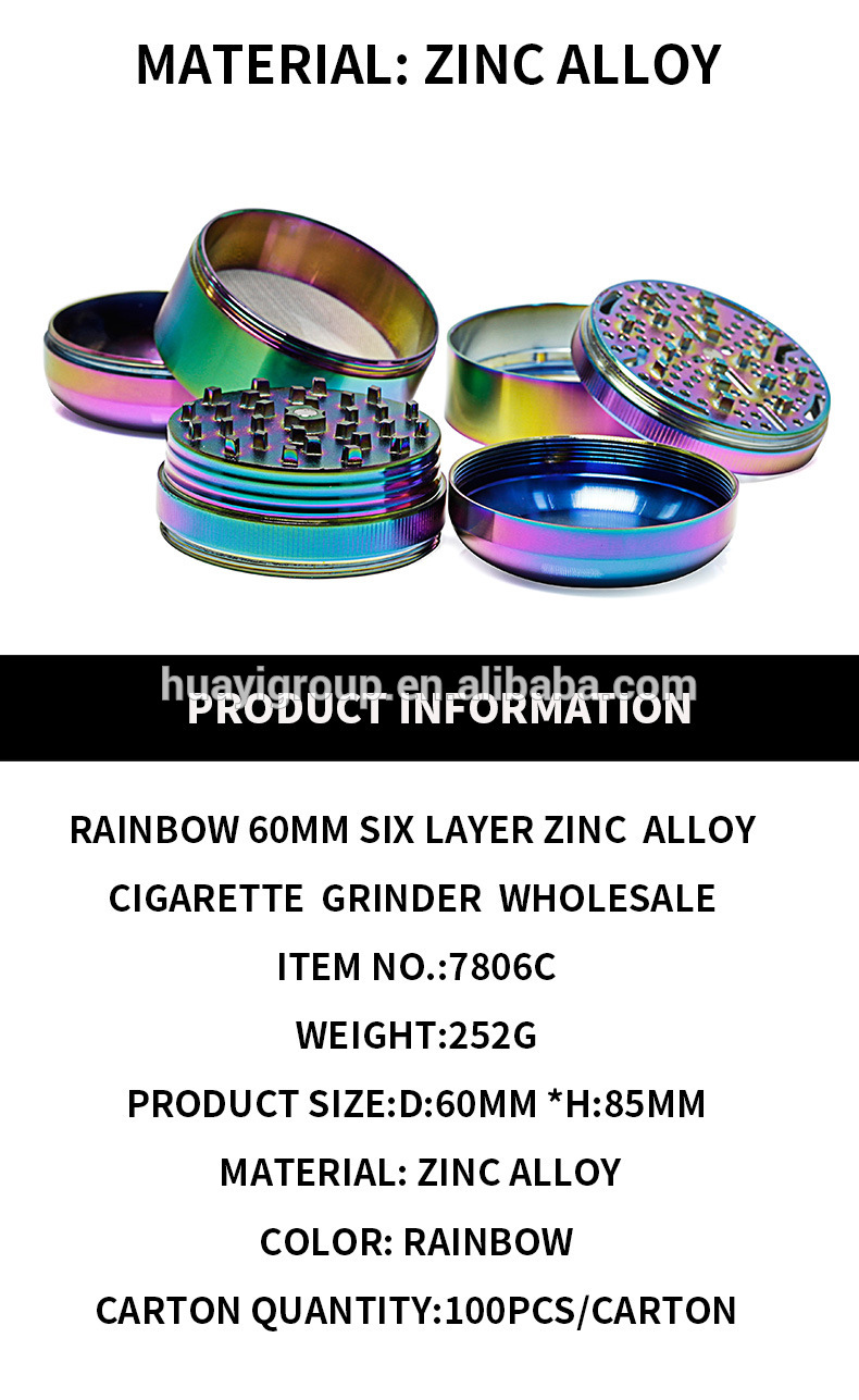 High quality custom logo 60x85mm smoking weed tobacco herb grinder rainbow plating zinc alloy 6 layer rainbow grinder