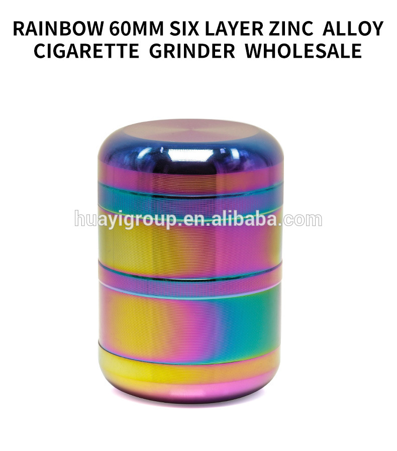 High quality custom logo rainbow grinder 60x85mm  rainbow plating zinc alloy 6 layer smoking weed tobacco herb grinder