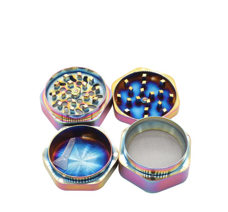 High quality luxury  4 pieces layer part zinc alloy hexagonal weed herb tobacco grinder