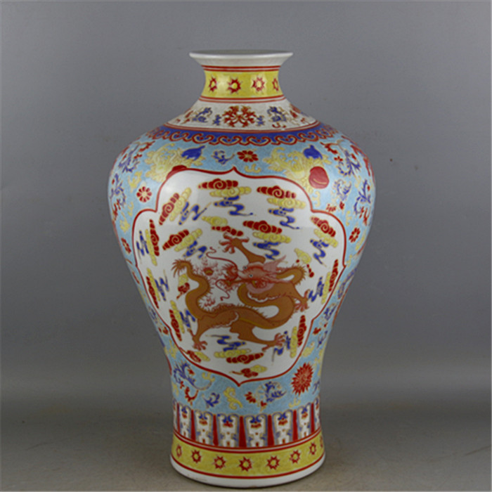 Luxurious chinese antique handmade dragon and phoenix design ceramic famille rose vase for collection