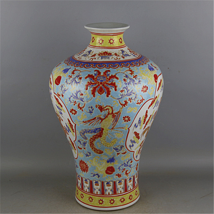 Luxurious chinese antique handmade dragon and phoenix design ceramic famille rose vase for collection