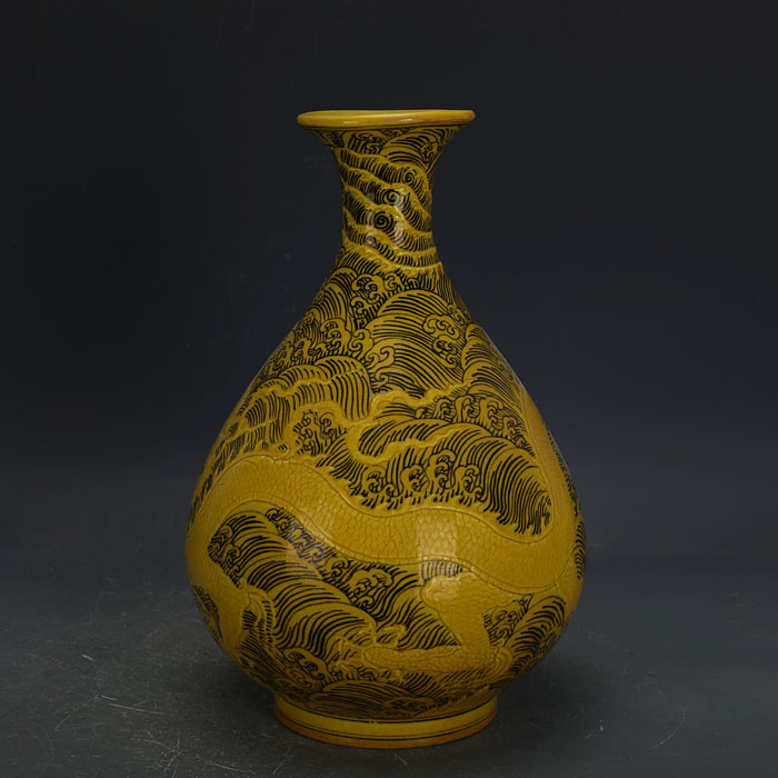 Antique chinese hand carved dragon design porcelain ceramic yellow glazed vase for collection