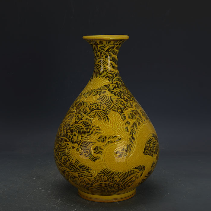 Antique chinese hand carved dragon design porcelain ceramic yellow glazed vase for collection