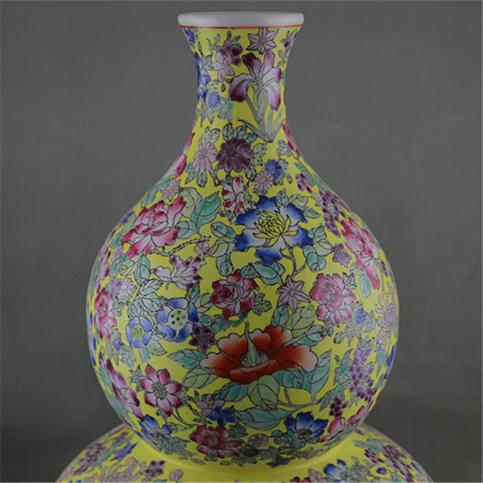 Chinese style antique gourd shape famille rose ceramic porcelain jardiniere yellow flower vase for home decor