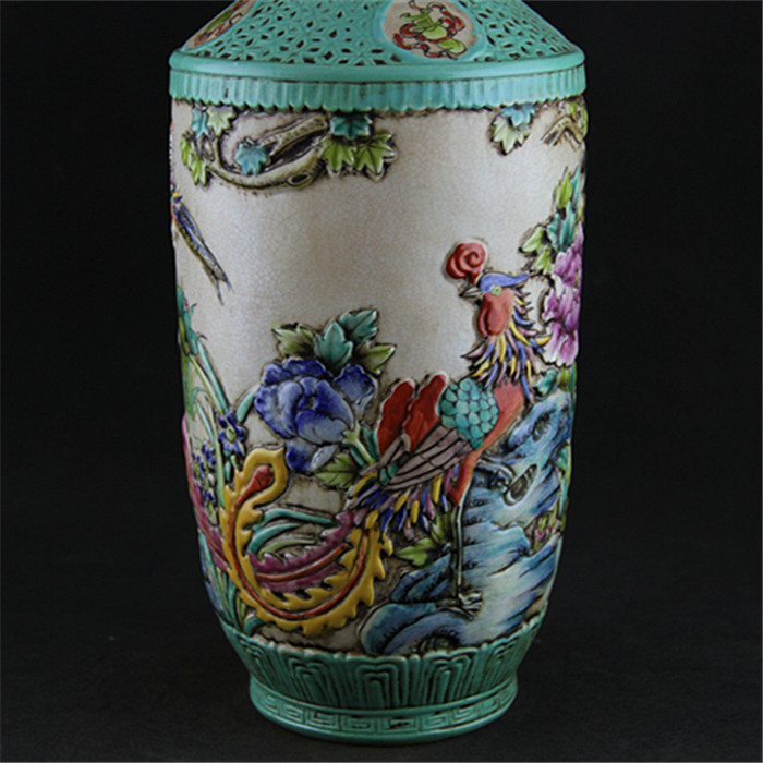 Luxurious chinese hand carved crane design ceramic antique vase with qian long mark