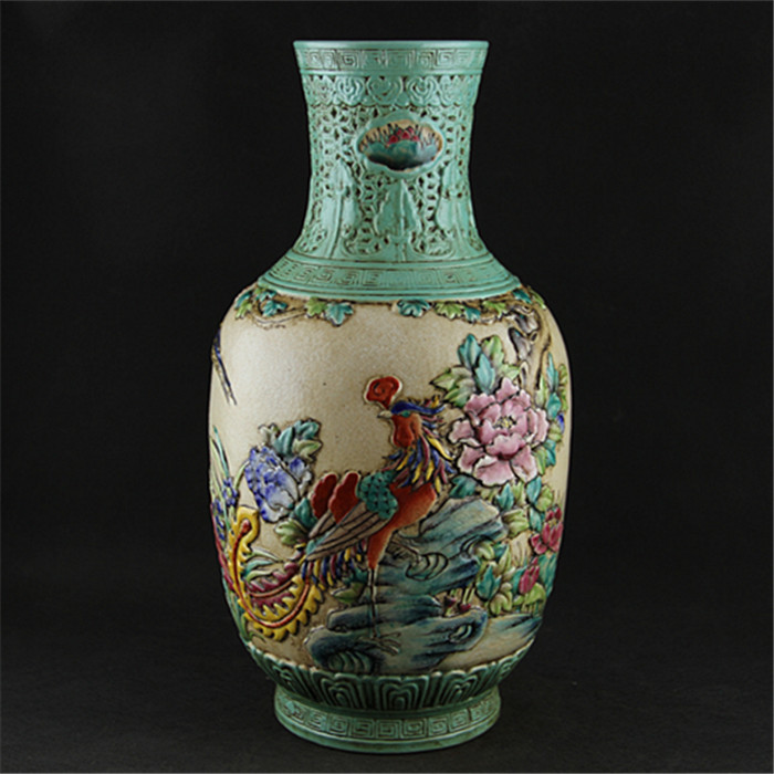 Antique chinese hand carved phoenix design porcelain famille rose fancy ceramic vase