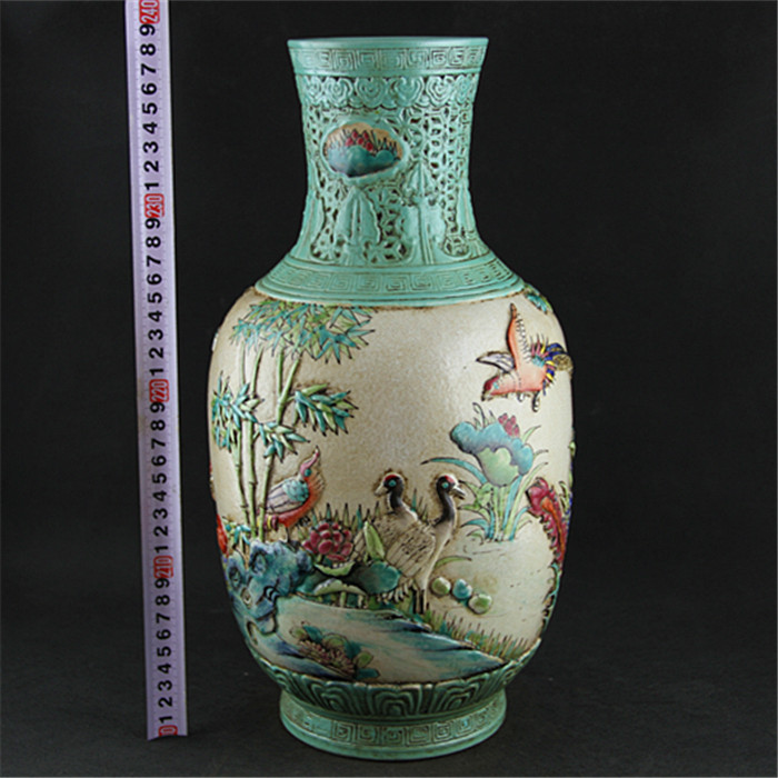 Antique chinese hand carved phoenix design porcelain famille rose fancy ceramic vase