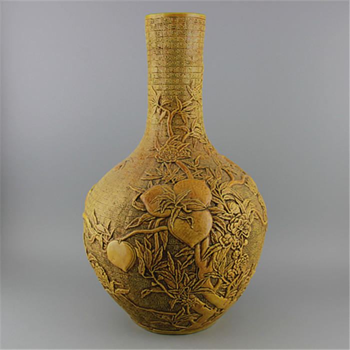 Hand carved chinese ceramic yellow vase with peach design for home decoration
