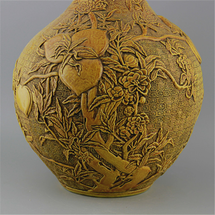 Hand carved chinese ceramic yellow vase with peach design for home decoration