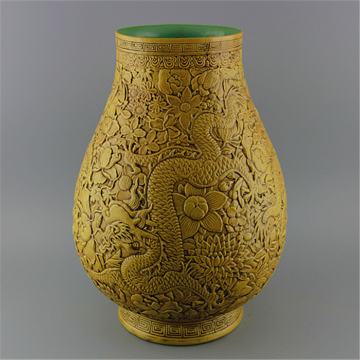 Antique jingdezhen hand carved dragon design porcelain ceramic yellow vase for collection