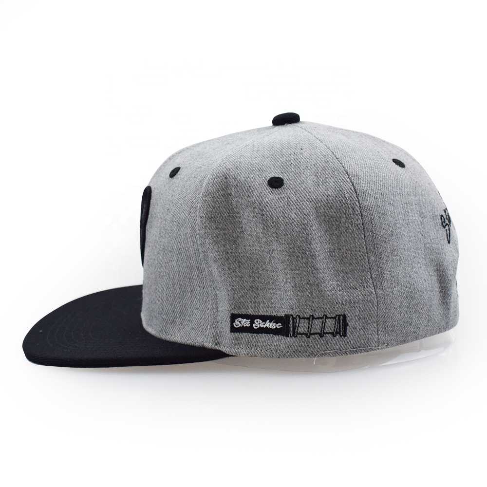 Acrylic grey panel black brim cap custom 3d embroidery snapback caps hats for men