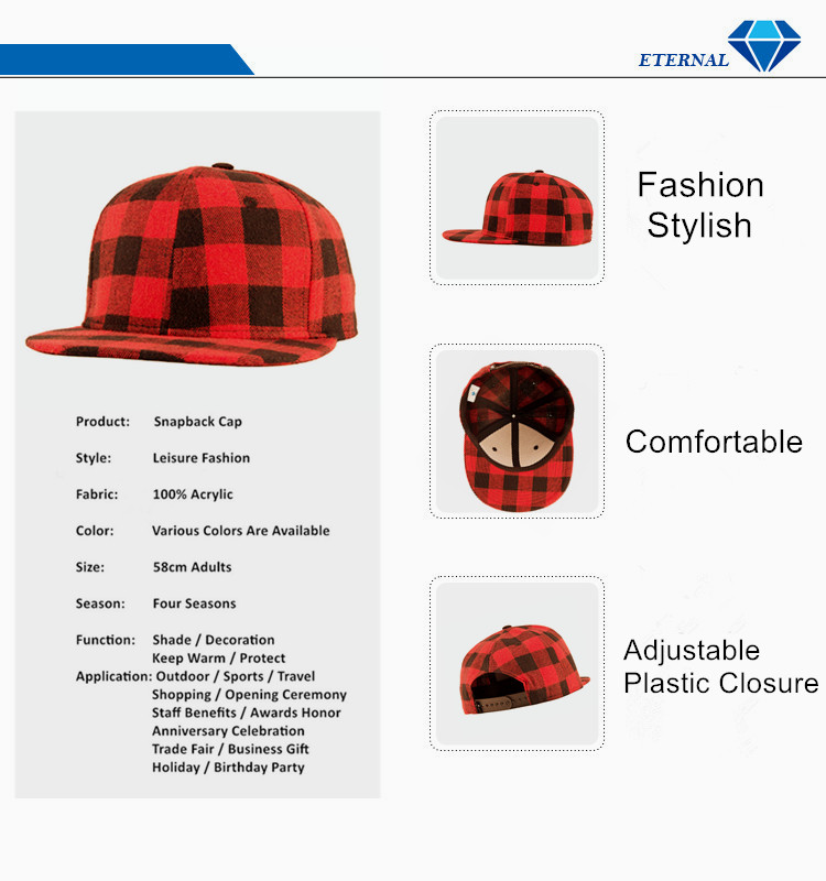 Fashion checked flat peaked cap 6 panel sports snapback hat