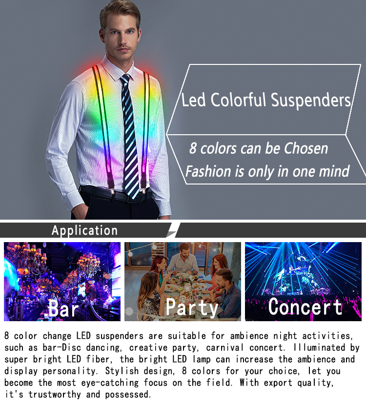 Factory wholesale multicolor flashing LED Suspenders for Party