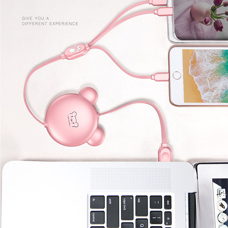 Retractable Cartoon Bear Shape Mini Cell Phone Support Three In One Logo Customized USB Cable