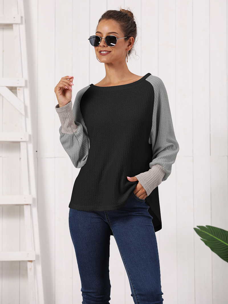 Women Round Neck Color Block Striped Long Sleeve Loose Fit T-Shirt Tops
