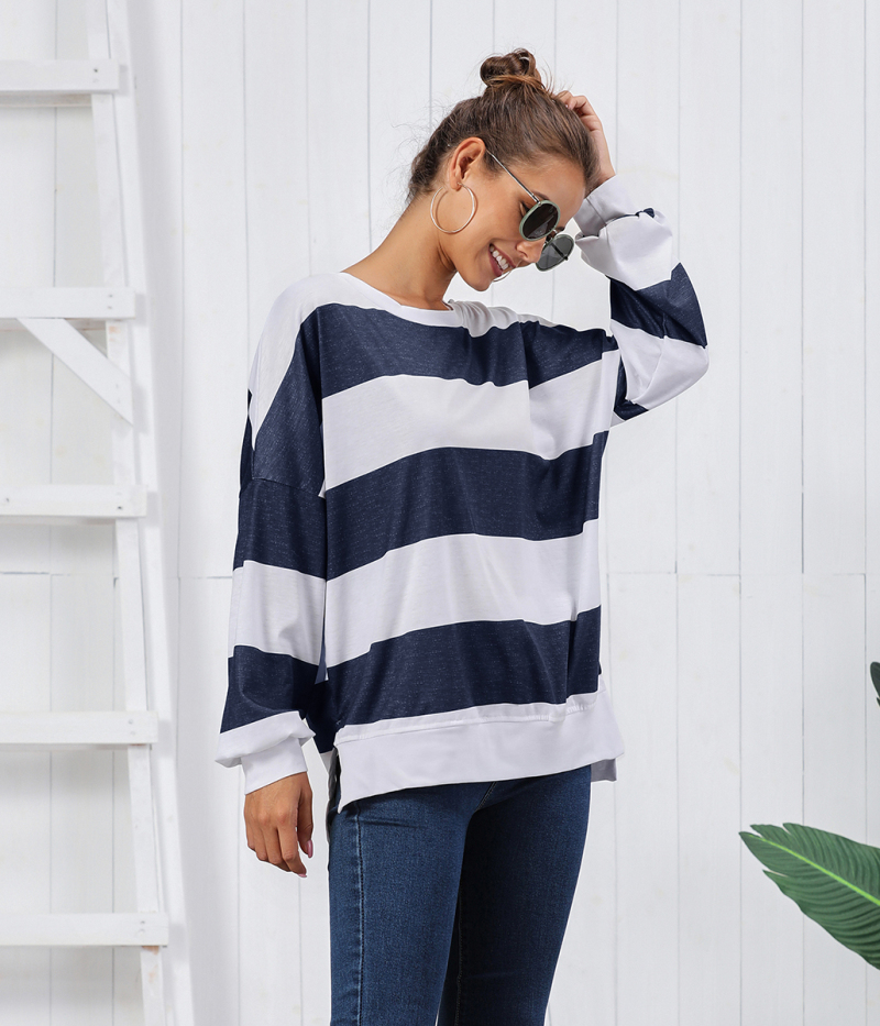 Womens Long Sleeve Round Neck Elbow Patch Color Block Stripe Shirt Tops