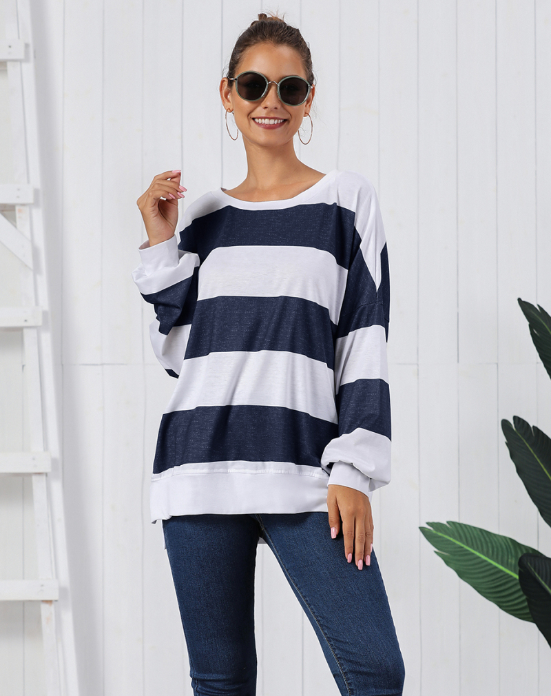 Womens Long Sleeve Round Neck Elbow Patch Color Block Stripe Shirt Tops