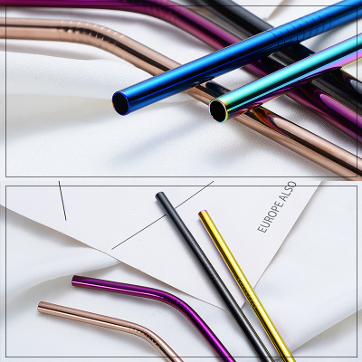 215*6mm Colorful Straight And Bent Metal Reusable Straws Stainless Steel Drinking Straws With Silicone Tip Cleaning Brush