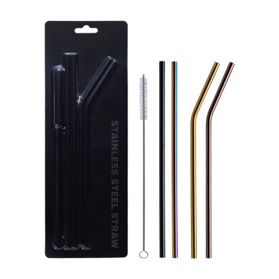 215*6mm Colorful Straight And Bent Metal Reusable Straws Stainless Steel Drinking Straws With Silicone Tip Cleaning Brush