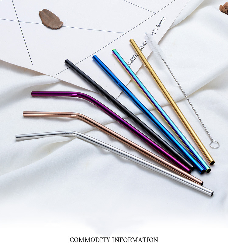 215*6mm Stainless Steel Drinking Straws With Silicone Tip Cleaning Brush Reusable Colorful Straight And Bent Metal Straws