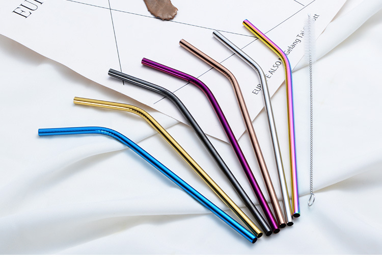 215*6mm Stainless Steel Drinking Straws With Silicone Tip Cleaning Brush Reusable Colorful Straight And Bent Metal Straws