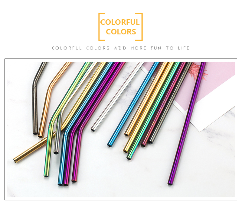 Colorful 304 Stainless Steel Straws Reusable Metal Drinking Straw With Cleaner Brush Set Party Bar Accessory