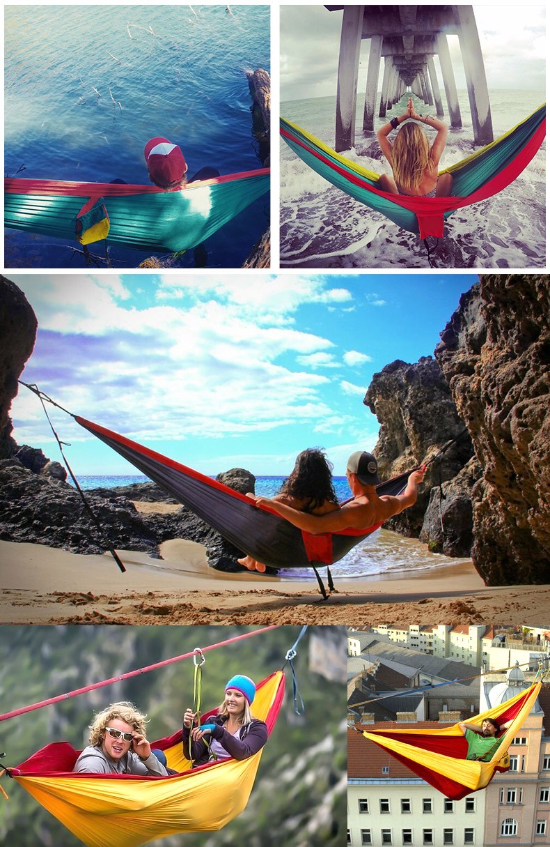 WQ High quality lightweight double nylon hammock , New Design Camping Parachute Nylon Hammock with Hammock Straps