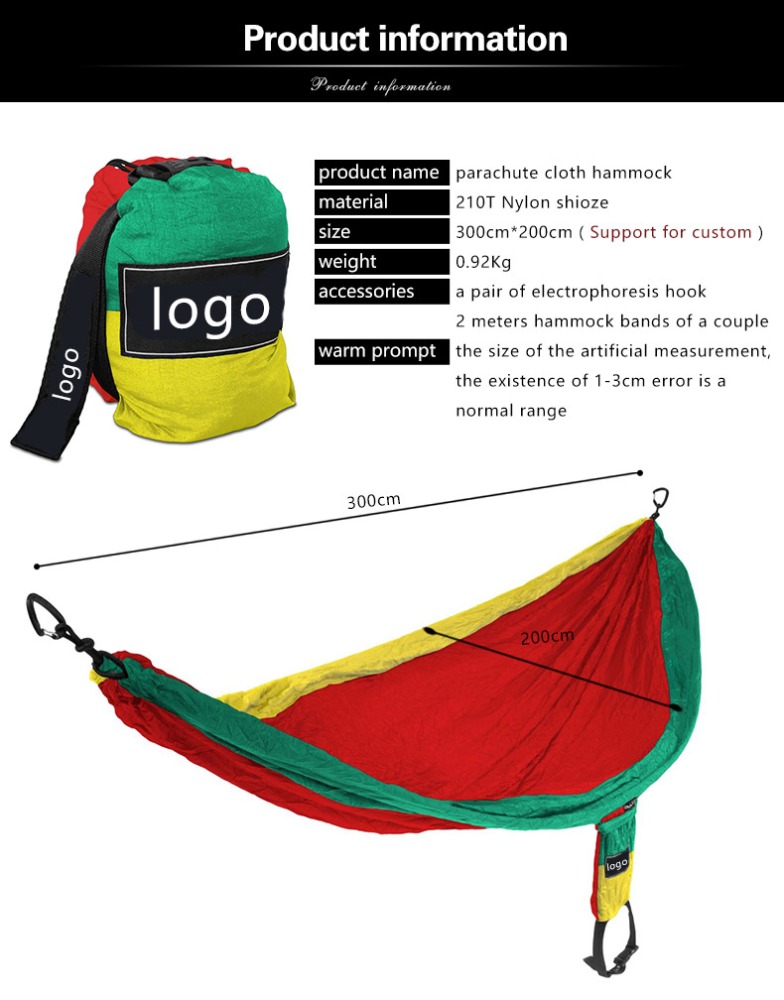 WQ New Design Two Person Portable Parachute Nylon Fabric Tri-color Hammock