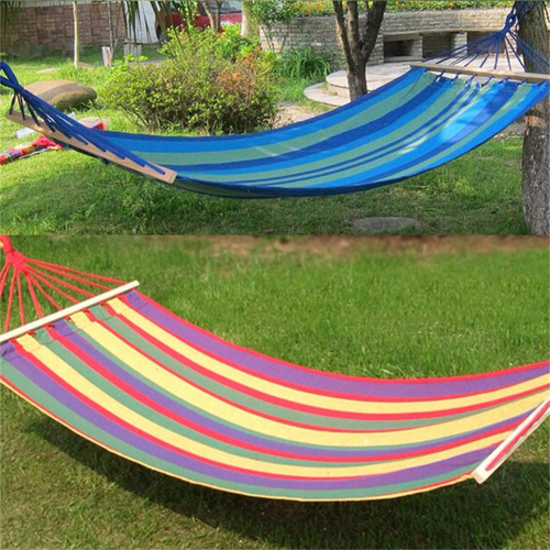 Woqi High Quality Portable Outdoor Garden Hang Bed Travel Camping Swing Canvas Stripe Rainbow Hammock With Wooden