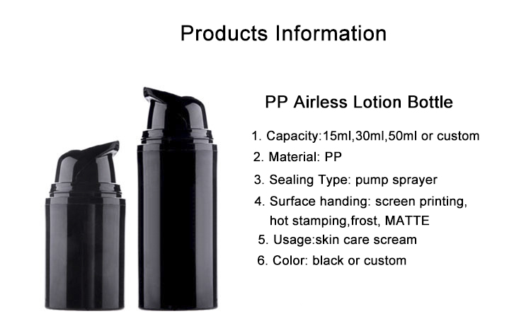 2019 High quality custom logo 5ml 30ml 50ml 15ml pp plastic black cosmetic airless pump lotion bottle