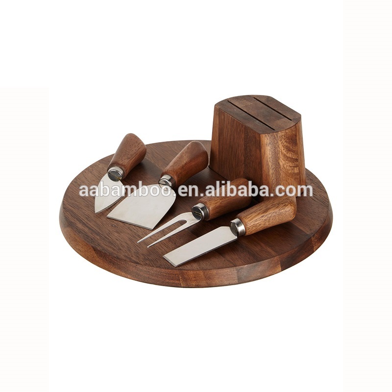 Acacia wooden bamboo cheese board and knife block set