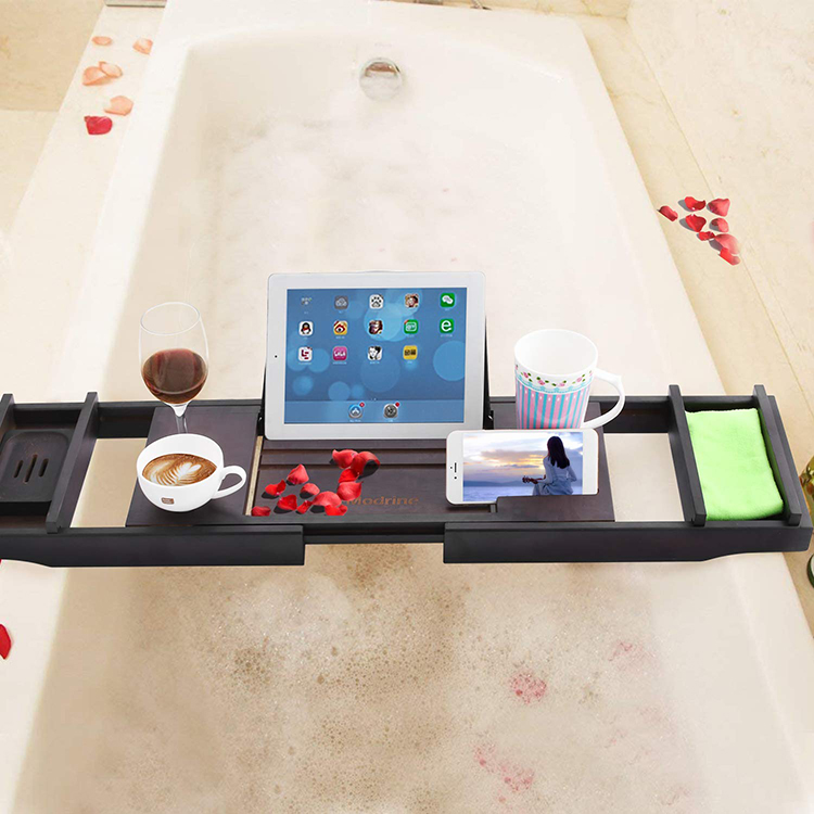 Luxury Built-In Sidewalls Adjustable Bamboo Wooden Bathroom Bath Caddy