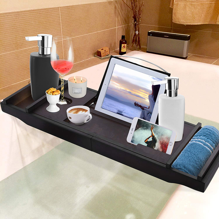 Luxury Built-In Sidewalls Adjustable Bamboo Wooden Bathroom Bath Caddy
