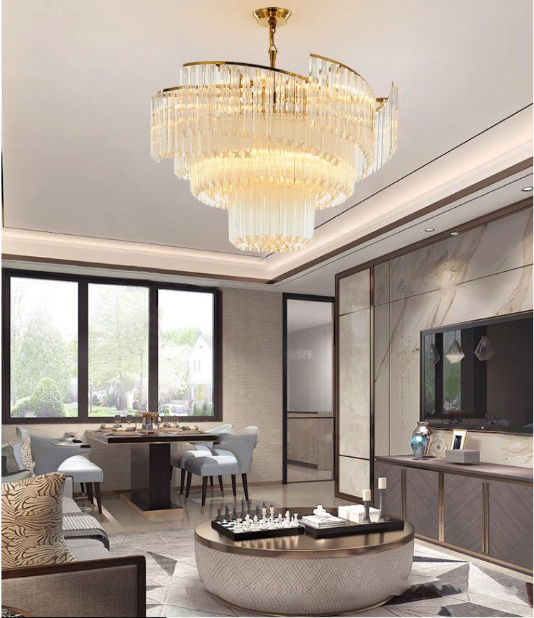 Golden Luxury Big Restaurant Hall Ceiling Pendant Stainless steel K9 Postmodern Glass K9 Crystal Chandelier