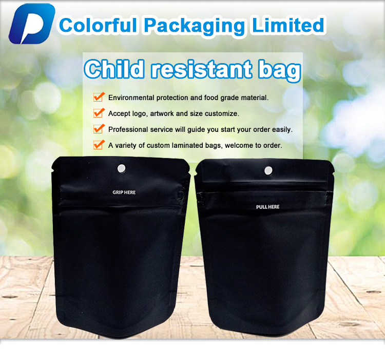 High quality Black Smell proof Child resistant mylar plastic Zipper packaging bags