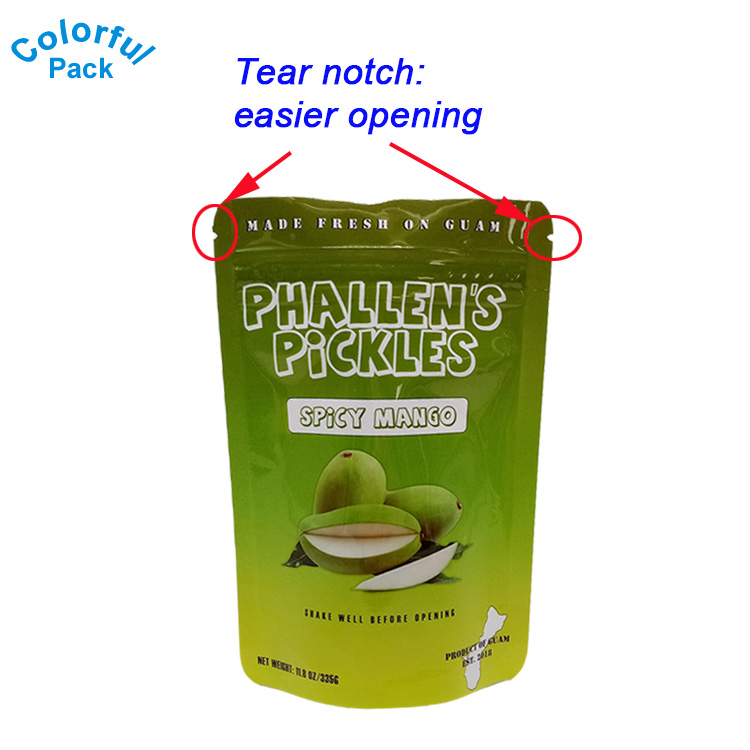 Custom printed water proof stand up plastic fruit food snack packaging ziplock bag for mango