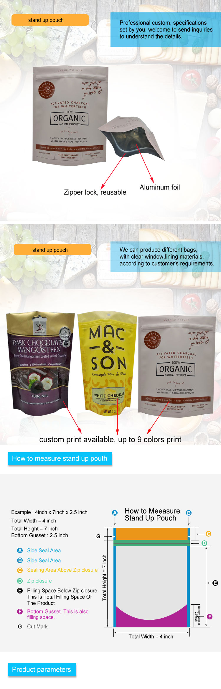 stand up organic product mylar food grade charcoal packaging bag