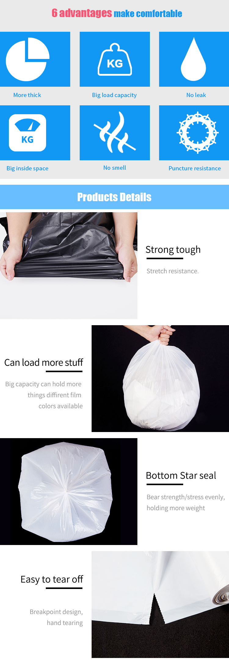 Wholesale roll biodegradable plastic garbage bag custom thickness black green pe trash bag