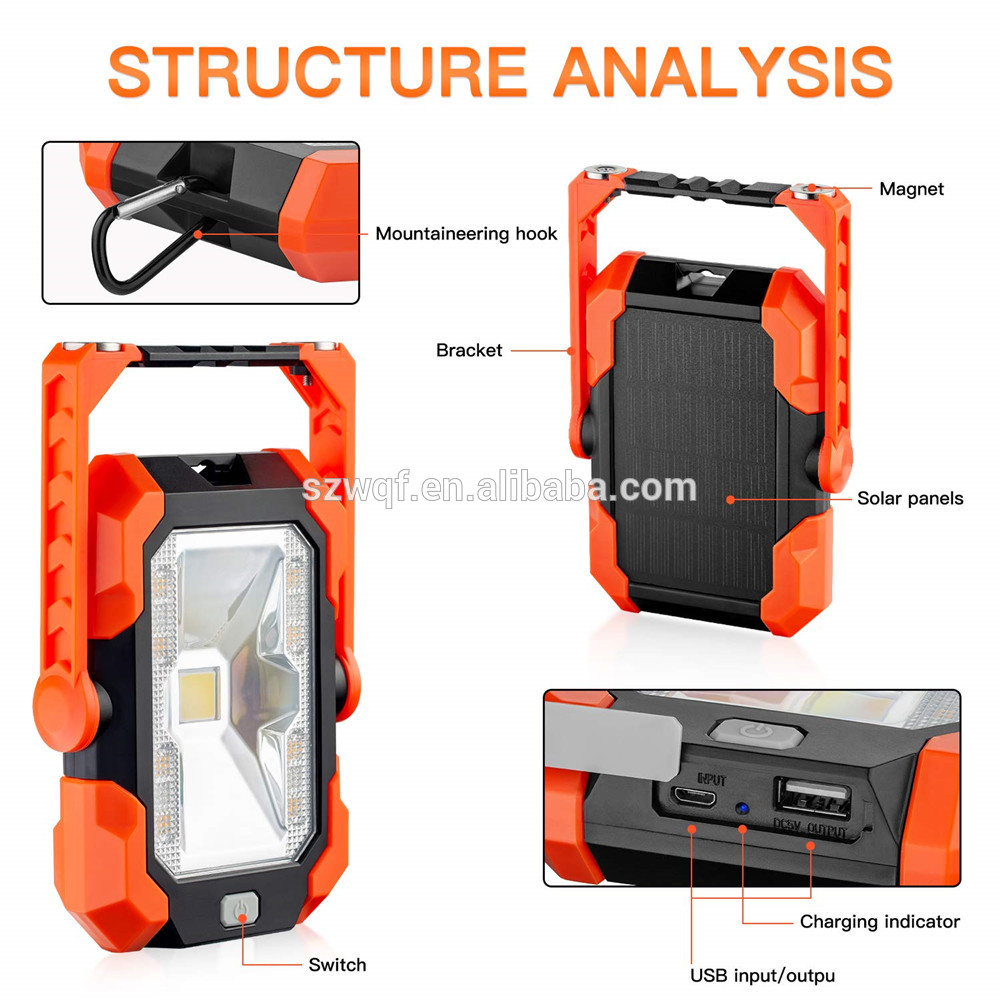 Factory Wholesale DC5V USB Input Output Auto Work Lamp Camping Portable COB 6W Solar LED Work Light with CE ROHS FCC