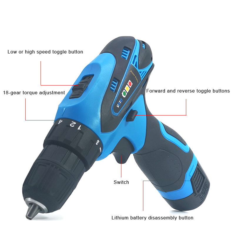 10mm,16v,double speed machine rechargeable charging power tools lithium hammer hand electric drill with LED light