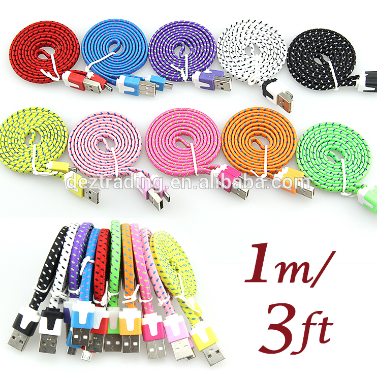 Colorful New 1M Flat Fabric Nylon Braided Micro USB Cable for Samsung Xiaomi Redmi Note5 Charger Data Cables Cloth Braided Cord