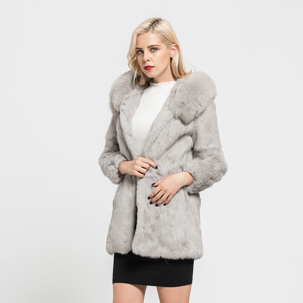 Service Supremacy Rabbit Fur Long Coat Autumn Winter Outerwear Genuine Fox Fur Collar Jacket