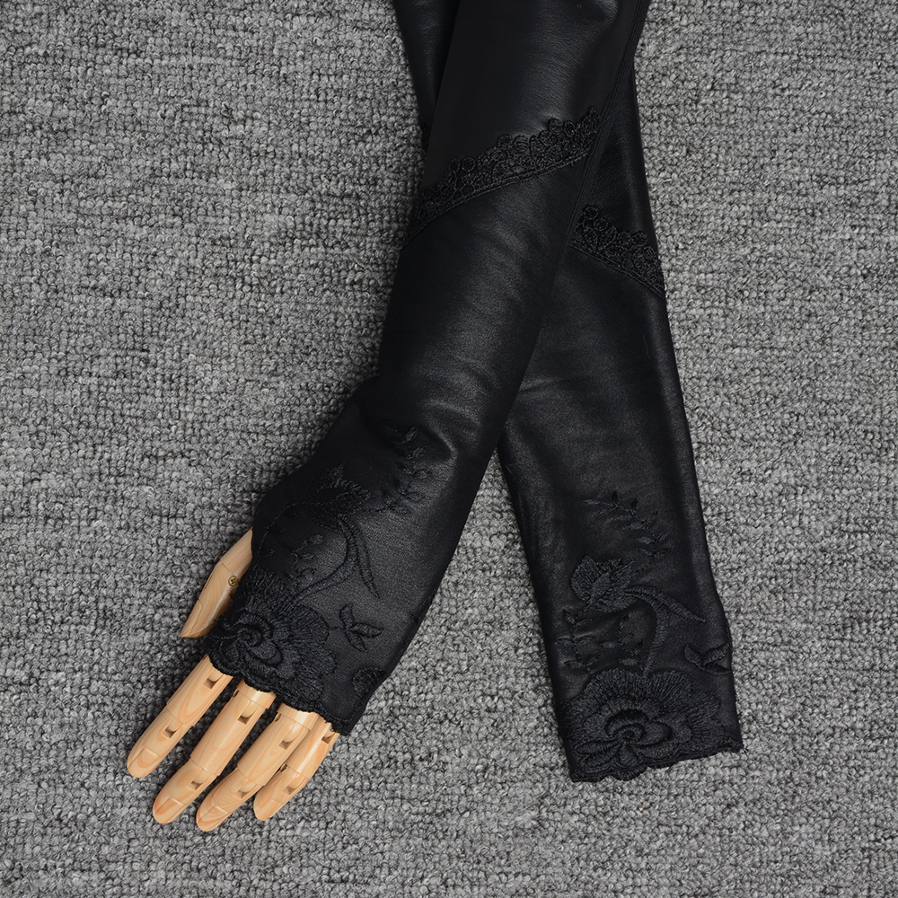 Beautiful Design Spring Autumn Winter Women's Real Sheepskin Leather Gloves Lace Fingerless Mittens