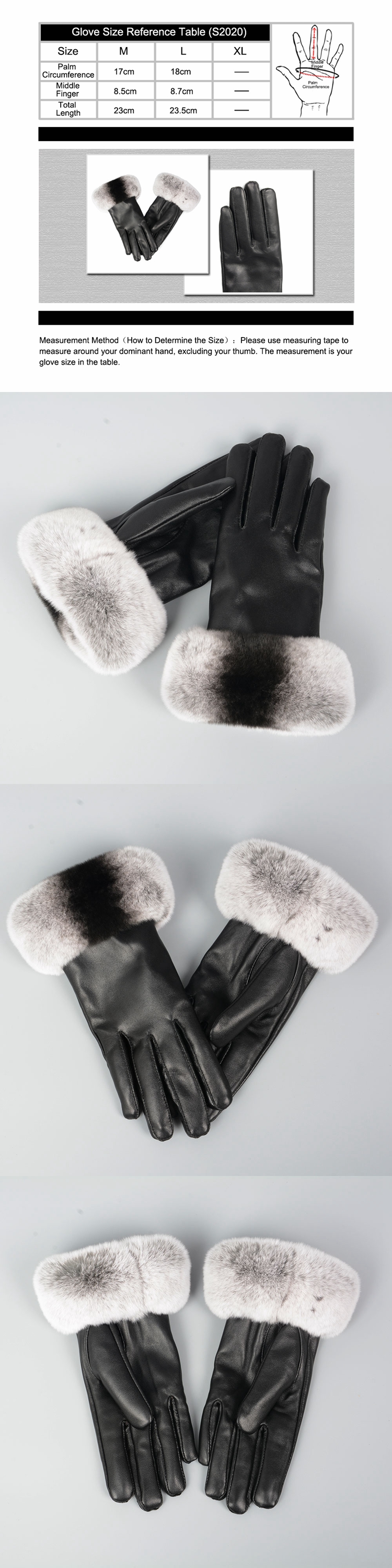 Women's 100% Real Sheepskin Leather Gloves Lady Winter Warm Fashion Mittens with Real Rabbit Fur