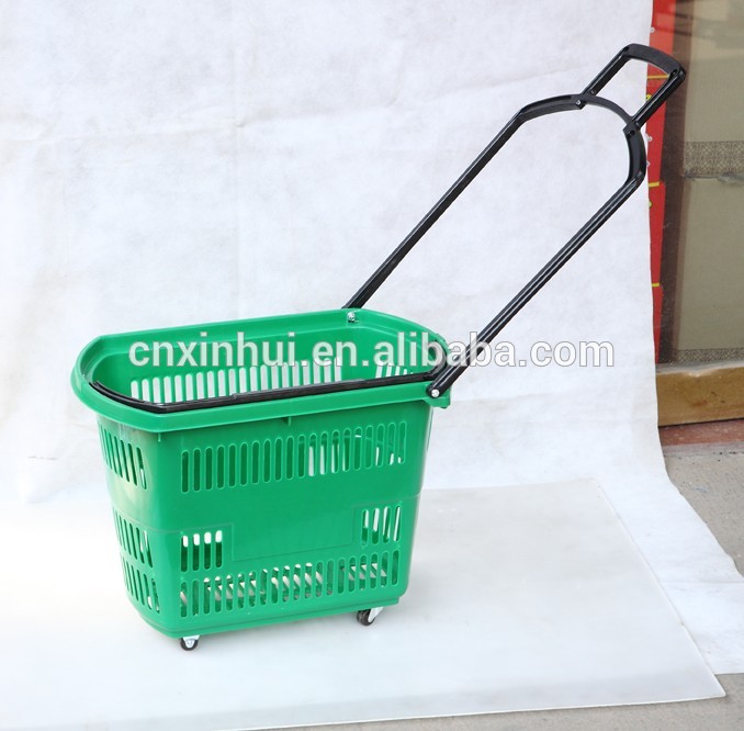 Plastic shopping basket with wheels,Supermarket plastic laundry basket,rolling shopping basket with castor