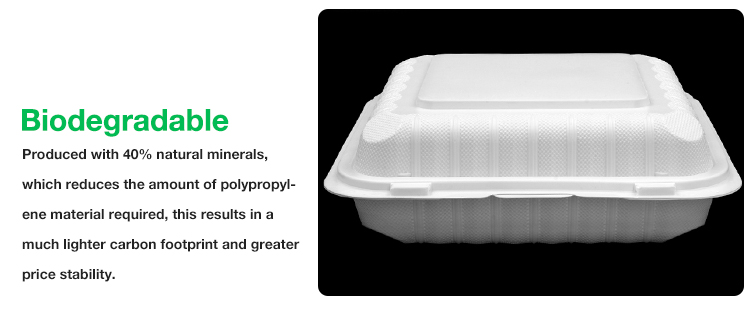 8'' Biodegradable lunch box 3 compartments hinged lid clamshell container box