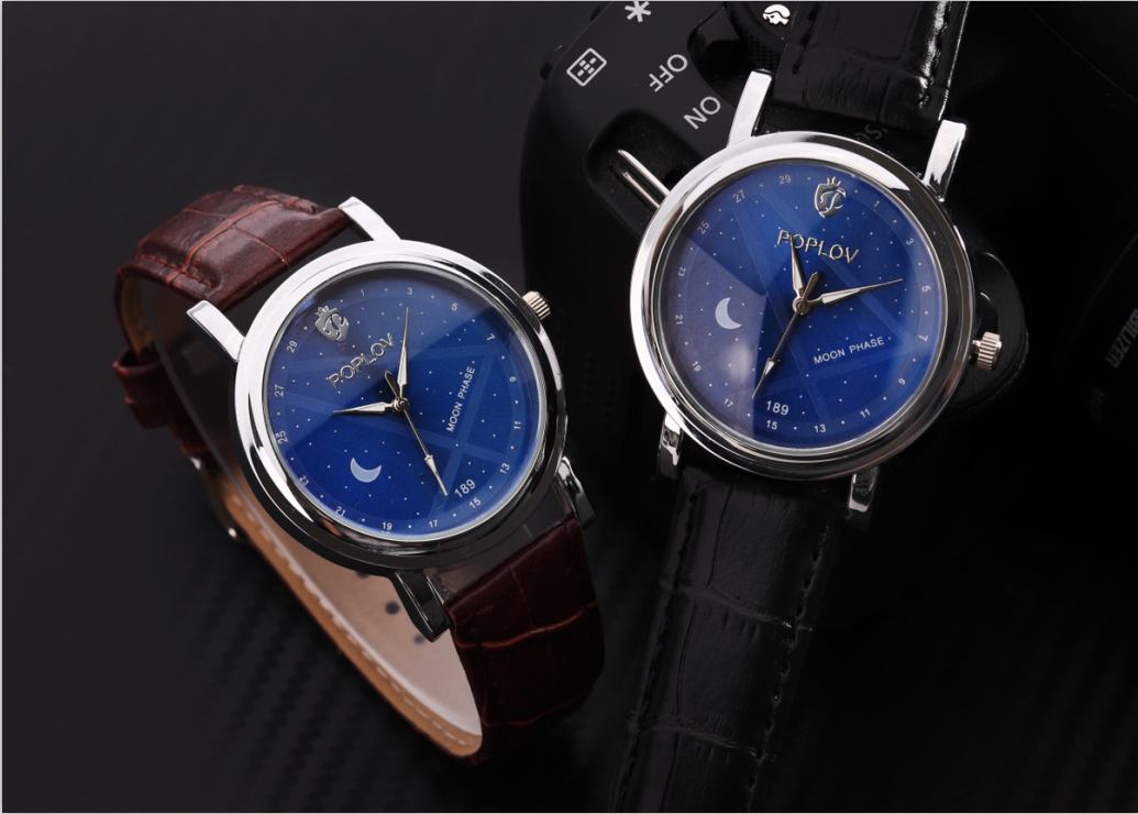 POPLOV 2019 New Fashion Blue-Light Glass waterproof Watch, Men's Belt Watch