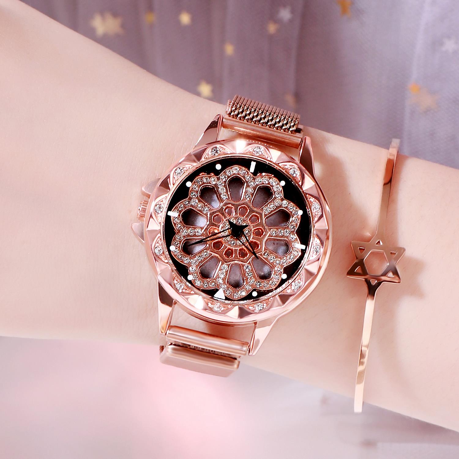 Rotary women's watches tremble with the same style of net red fashion waterproof mesh belt revolving Watch