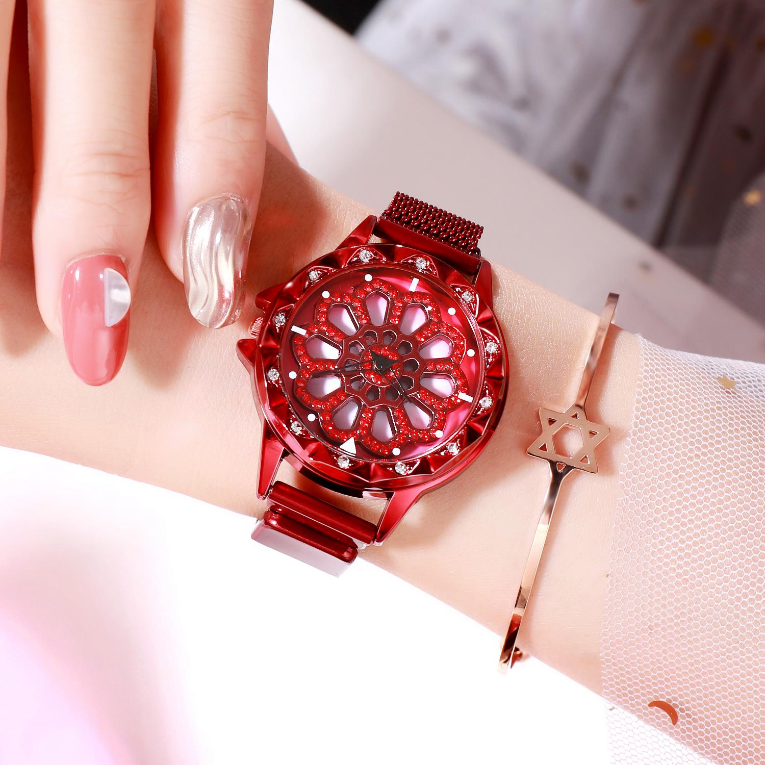 Redwood Tremble Watch Running Women's Rotary Magnetic Absorbing Steel Belt Drilling Fashion Trend Quartz Watch